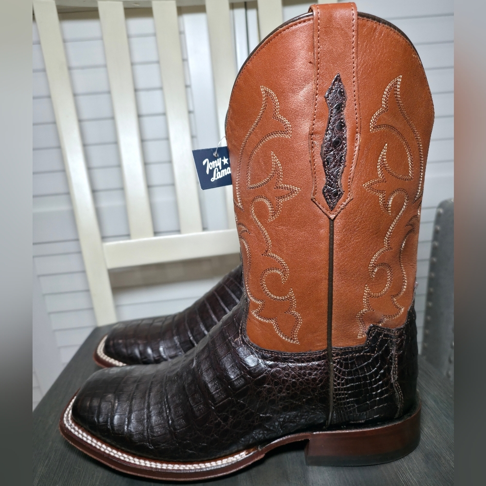 Tony Lama Burnished Caiman Belly Western Boot Broad Square Toe Men Sz 9.5 DEFECT